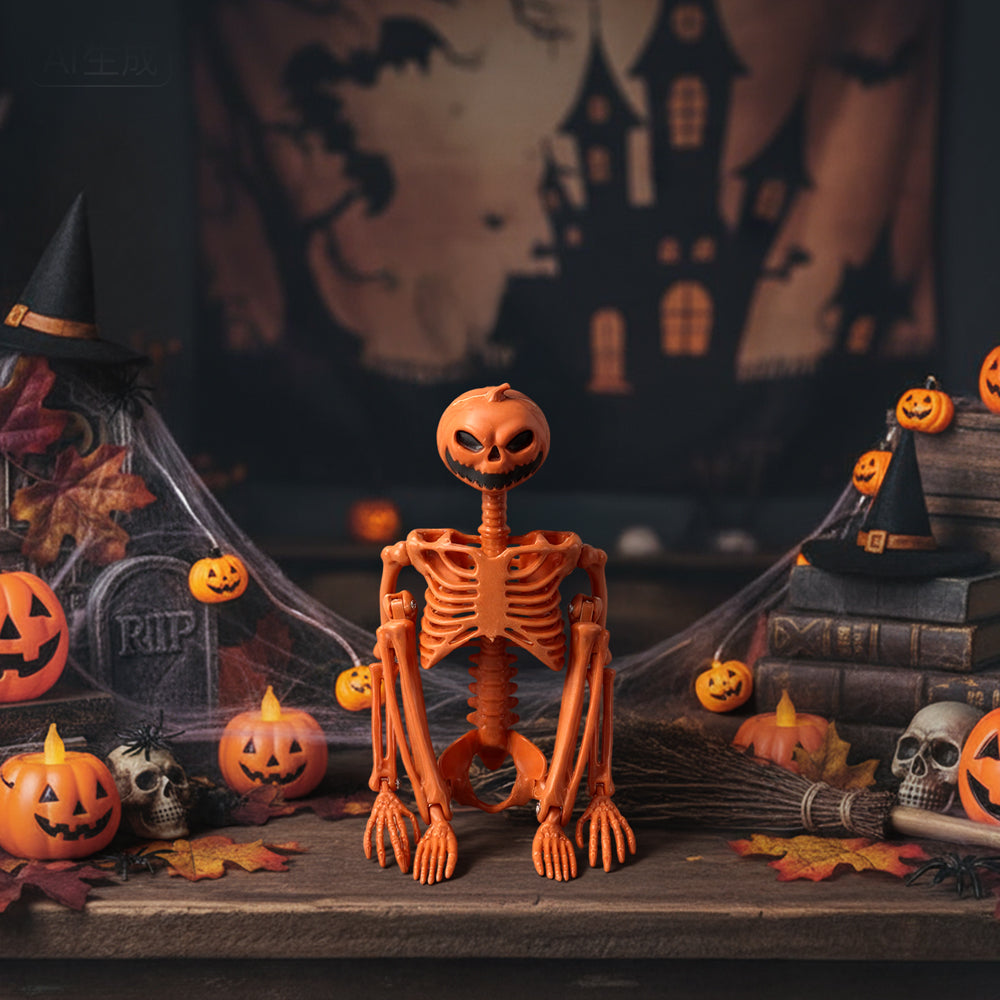 Halloween Skeleton Pumpkin Decoration Posable Jack O Lantern Figure