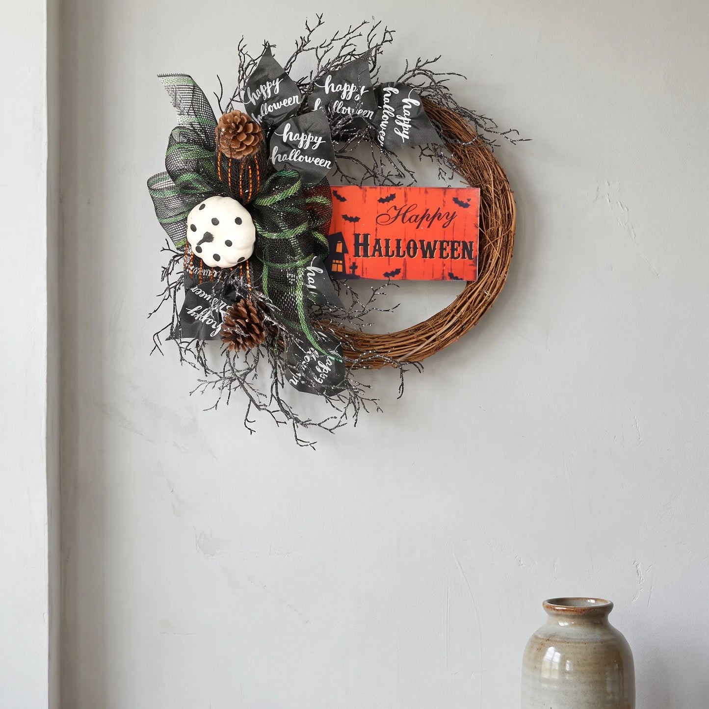 Halloween Wreath Front Door Scary Hanging Decoration with Pumpkin Sign