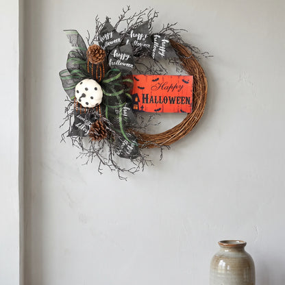 Halloween Wreath Front Door Scary Hanging Decoration with Pumpkin Sign