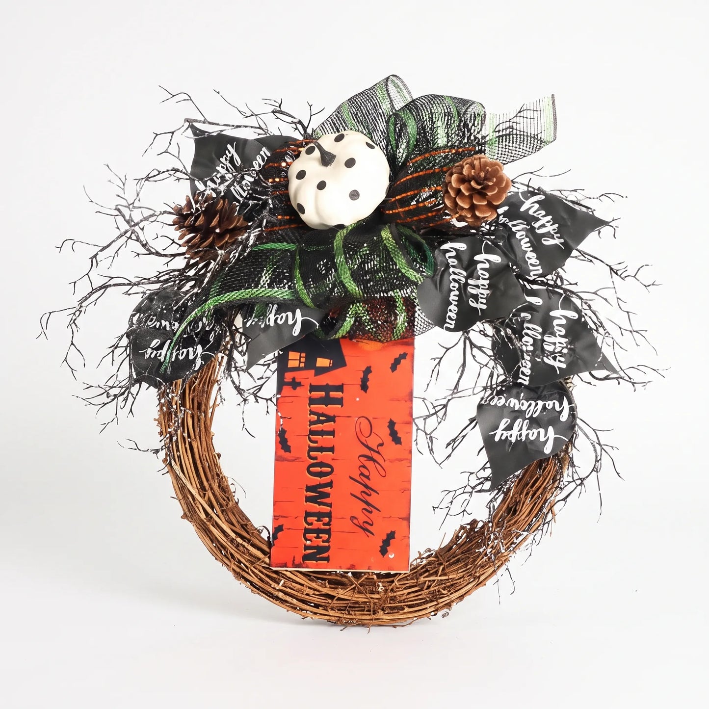 Halloween Wreath Front Door Scary Hanging Decoration with Pumpkin Sign