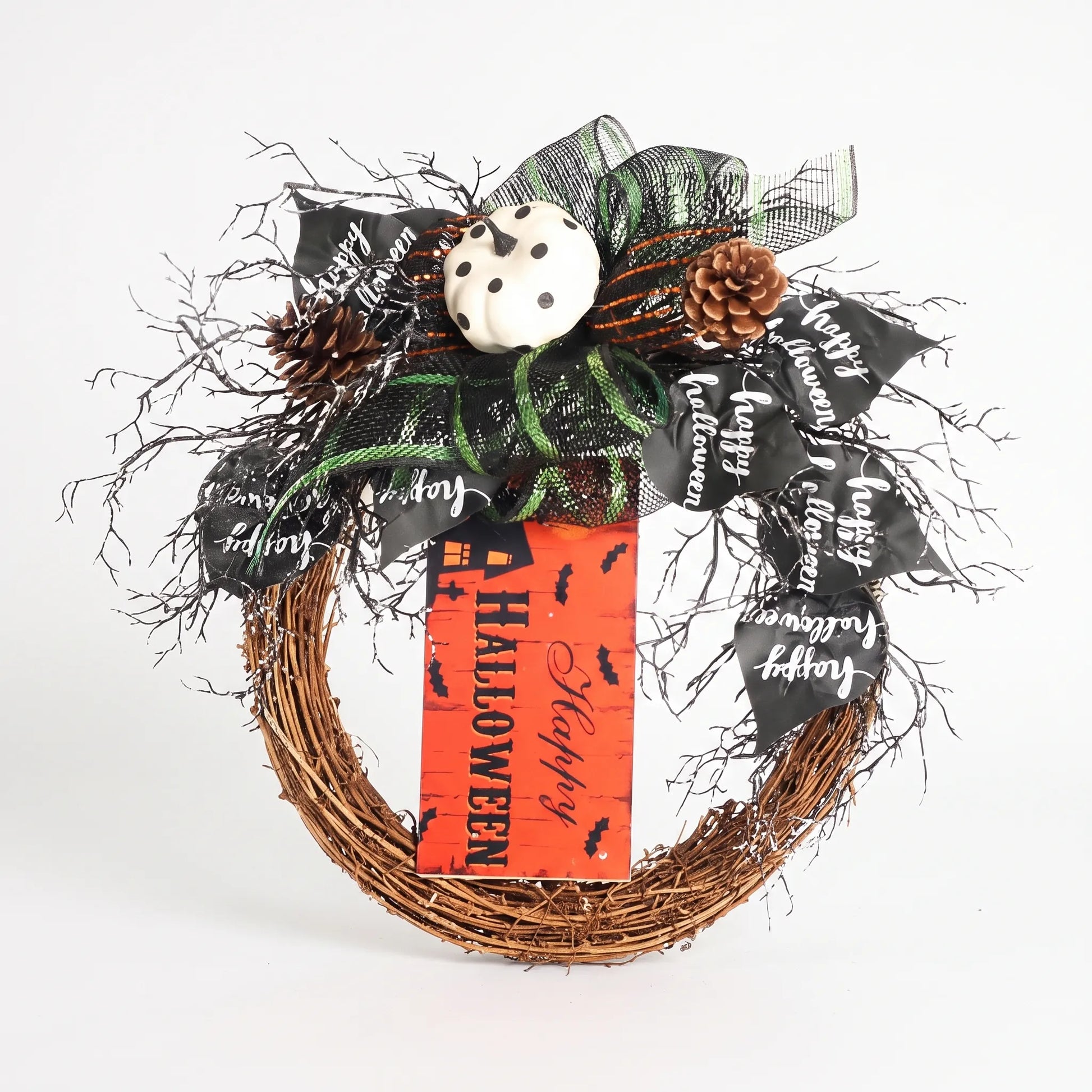 Halloween Wreath Front Door Scary Hanging Decoration with Pumpkin Sign