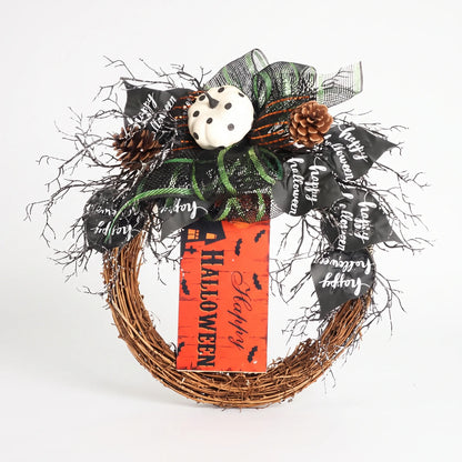 Halloween Wreath Front Door Scary Hanging Decoration with Pumpkin Sign
