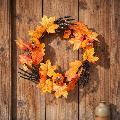 Halloween Wreath with Pumpkins and Skeleton Hands
