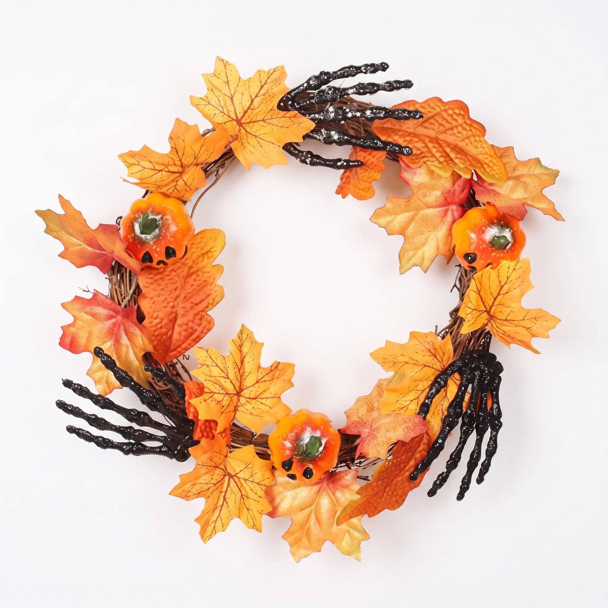 Halloween Wreath with Pumpkins and Skeleton Hands