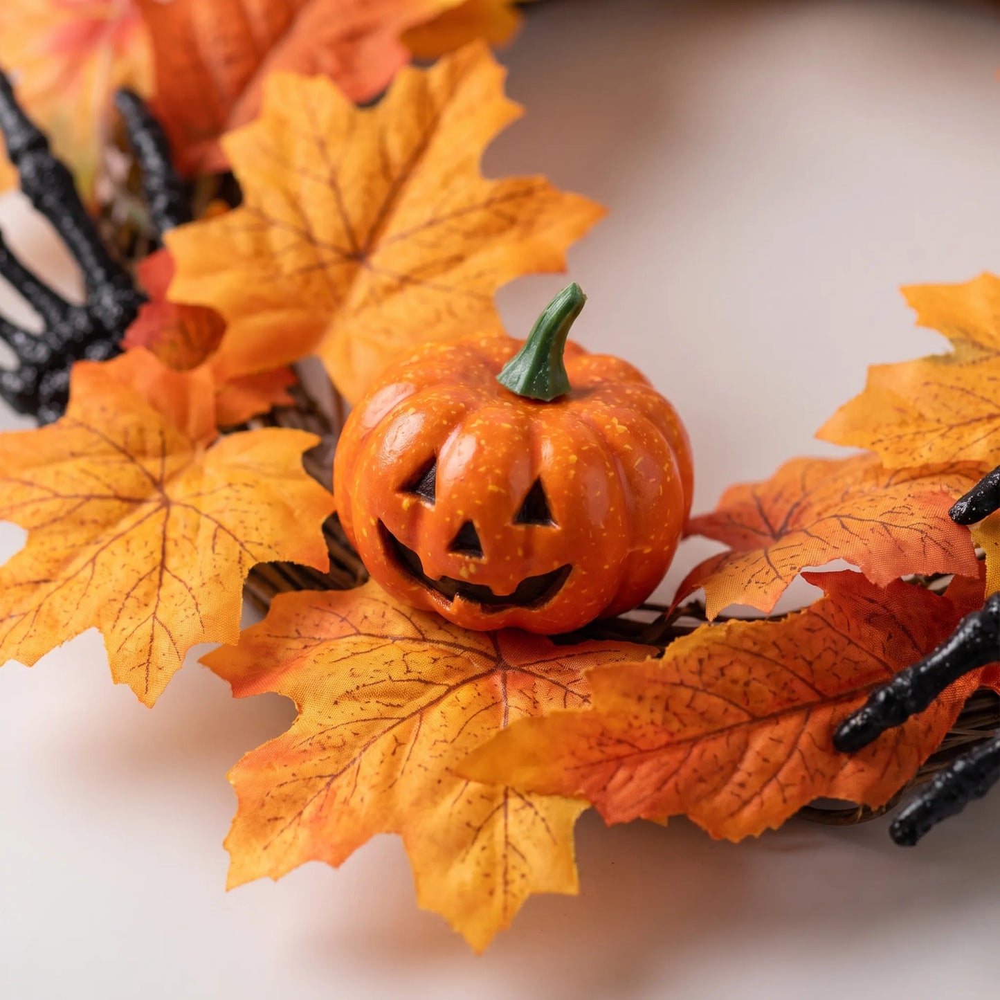 Halloween Wreath with Pumpkins and Skeleton Hands