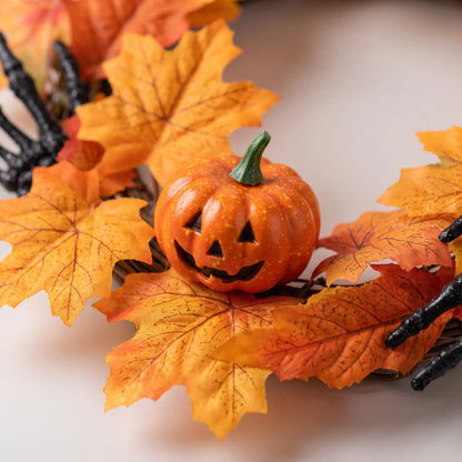 Halloween Wreath with Pumpkins and Skeleton Hands