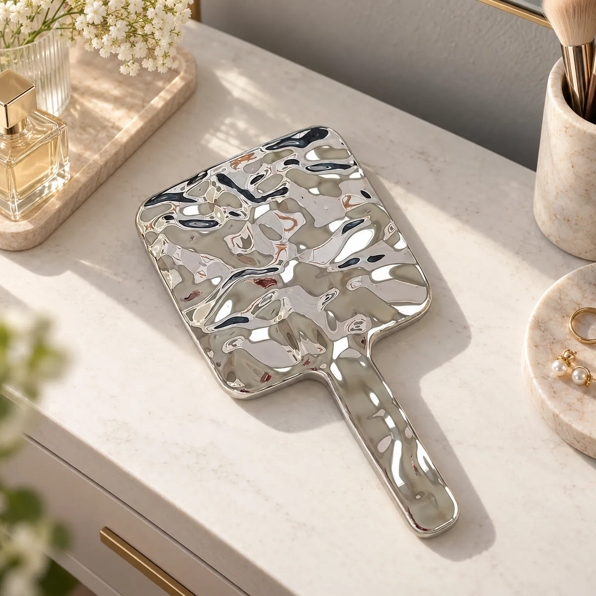 Handheld Vanity Mirror with Textured Metal Design