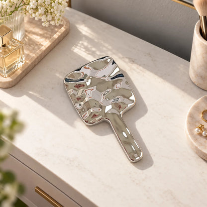 Handheld Vanity Mirror with Textured Metal Design