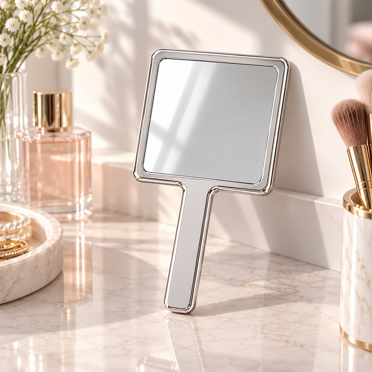 Handheld Vanity Mirror with Textured Metal Design