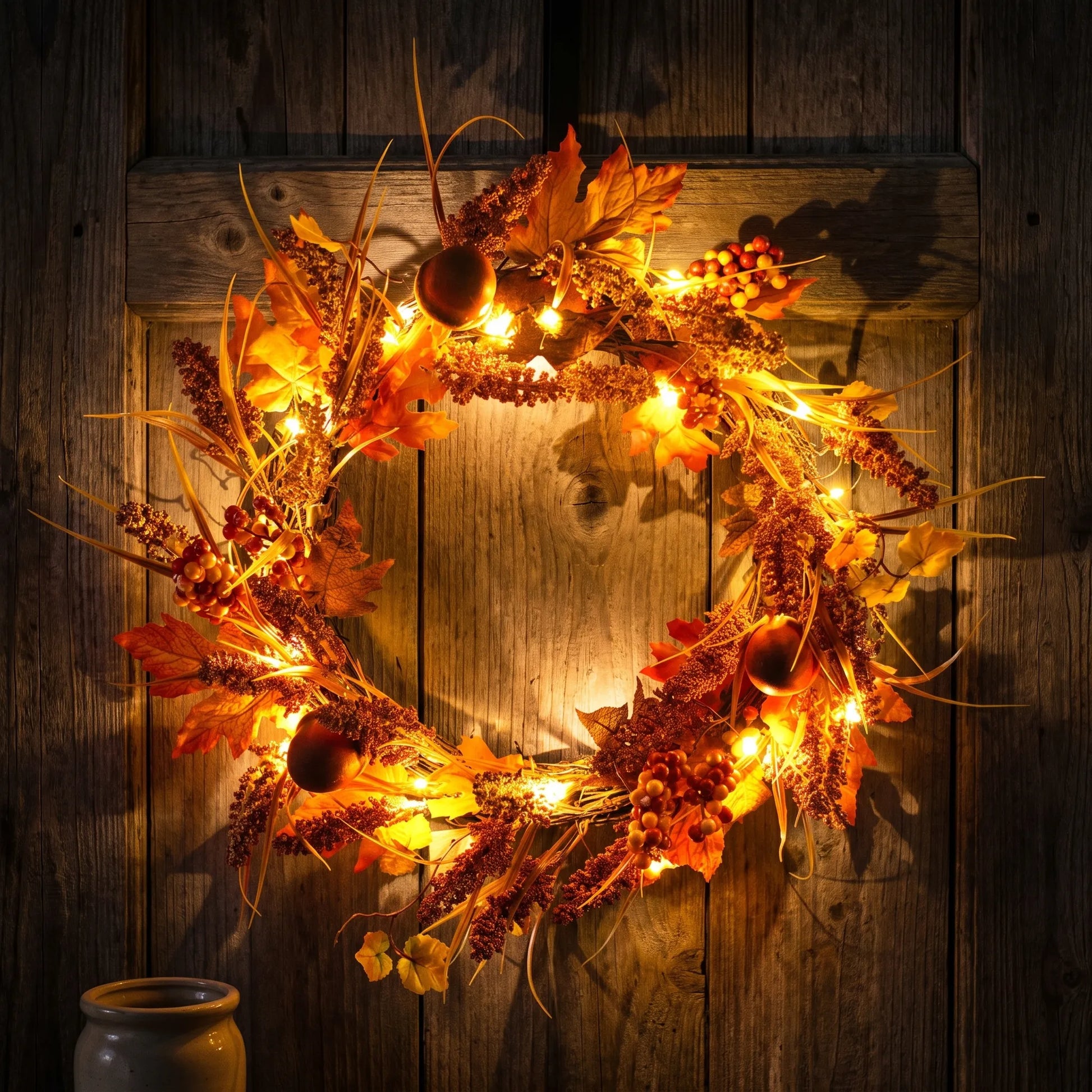 Illuminated Autumn Wreath with Fall Leaves and Berries