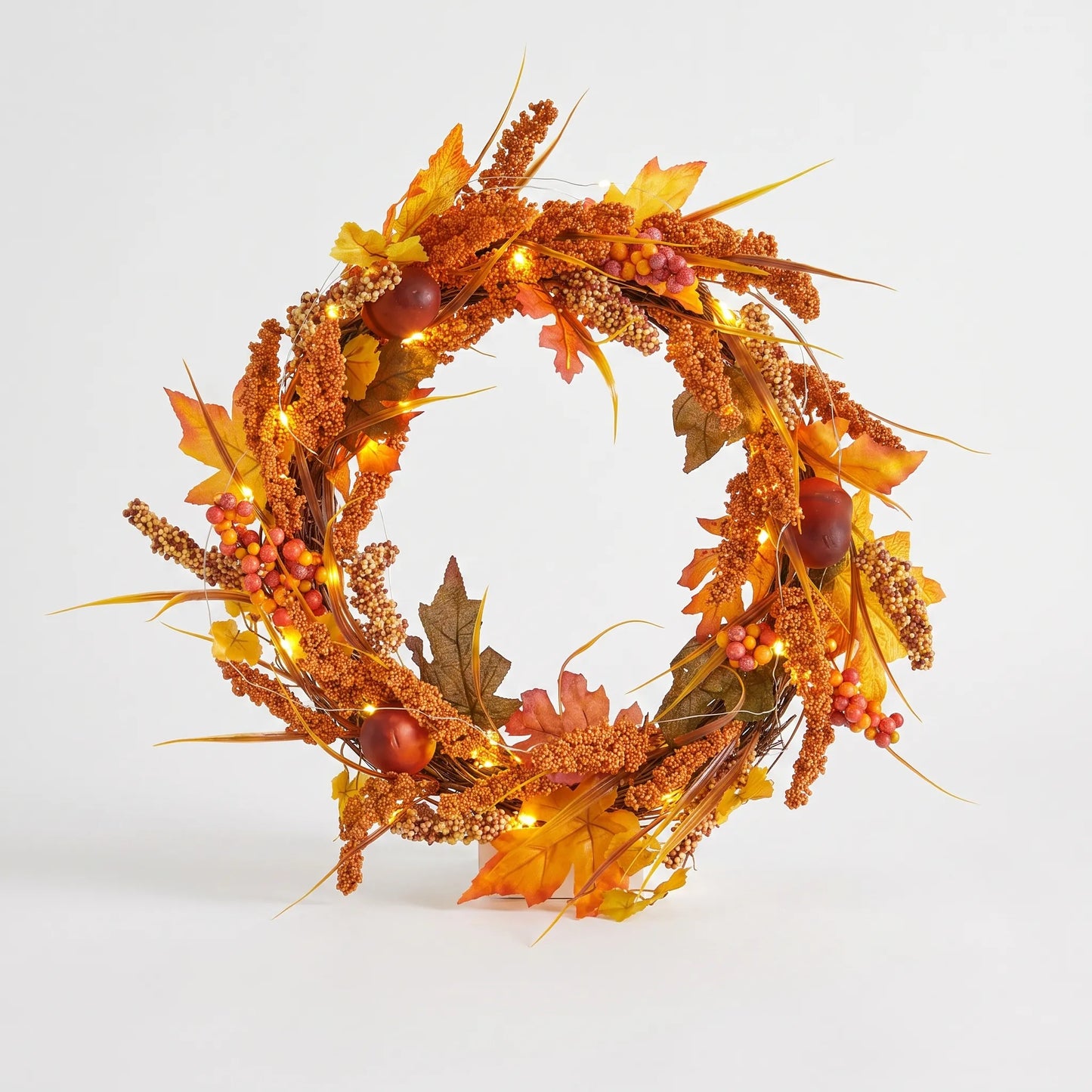Illuminated Autumn Wreath with Fall Leaves and Berries
