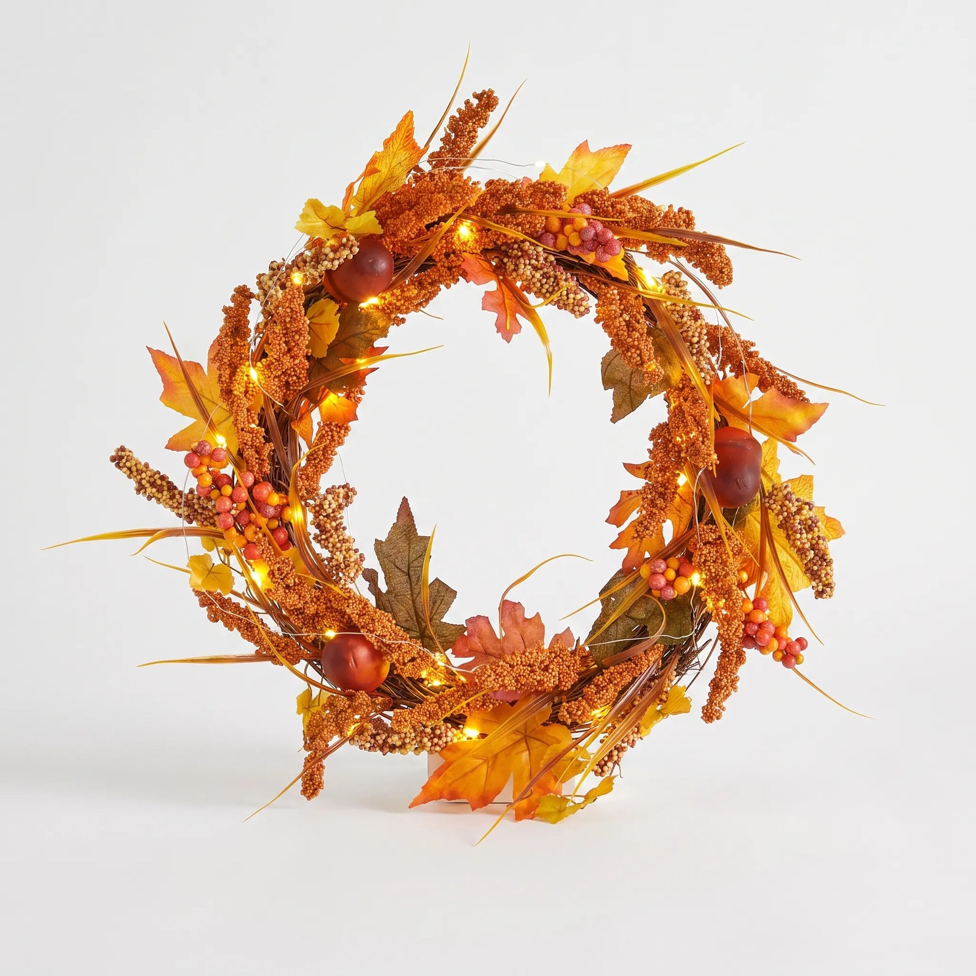 Illuminated Autumn Wreath with Fall Leaves and Berries