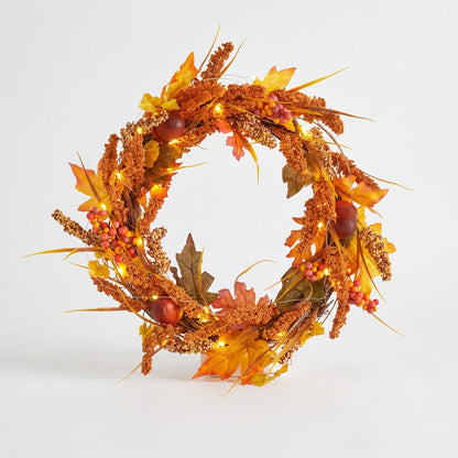 Illuminated Autumn Wreath with Fall Leaves and Berries