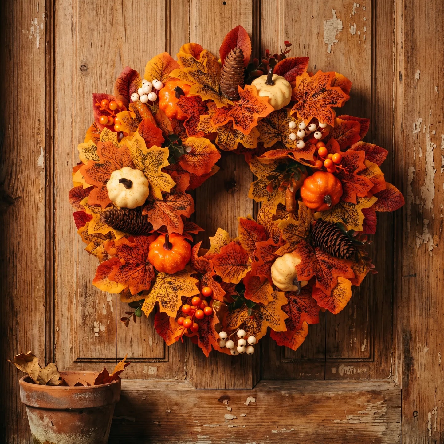Illuminated Fall Pumpkin Wreath with Maple Leaves and Berries