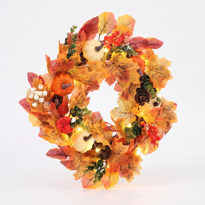 Illuminated Fall Pumpkin Wreath with Maple Leaves and Berries