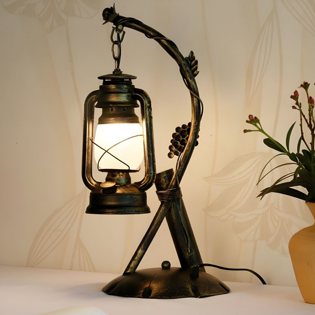 Industrial Table Lamp with Opal Glass Lantern | Gaviro