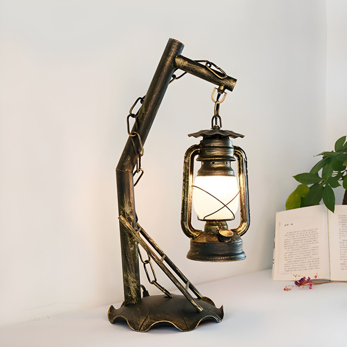 Industrial Table Lamp with Opal Glass Lantern | Gaviro