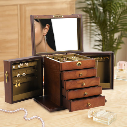 Jewelry Box with Drawers Mirror Necklace Hooks and Lock