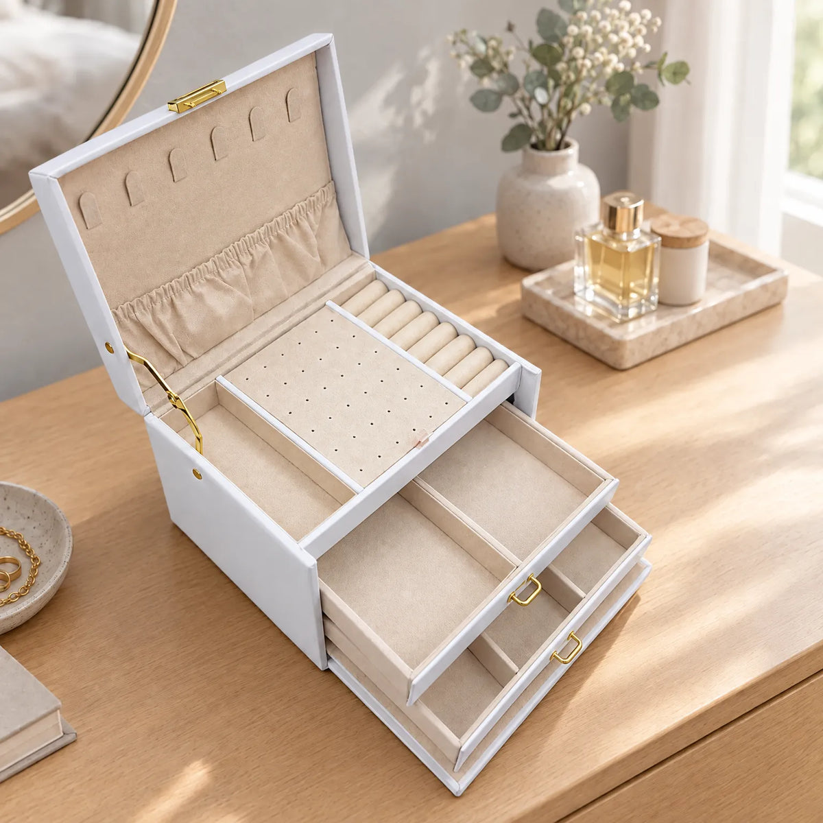 Jewelry Box with Lock Drawers Necklace Hooks and Ring Storage