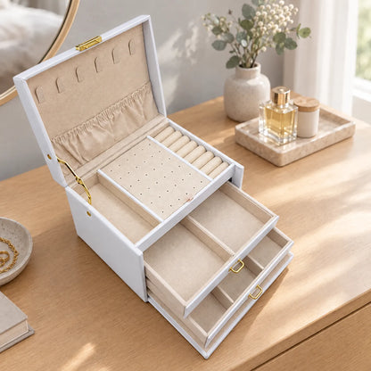 Jewelry Box with Lock Drawers Necklace Hooks and Ring Storage