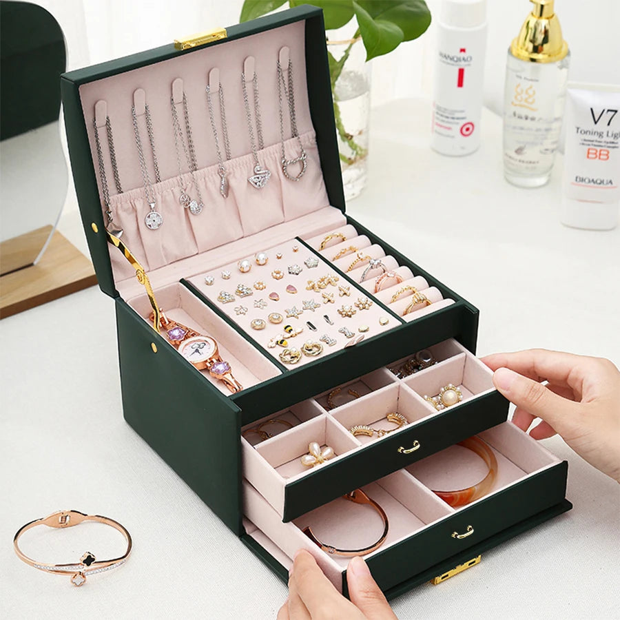 Jewelry Box with Lock Drawers Necklace Hooks and Ring Storage