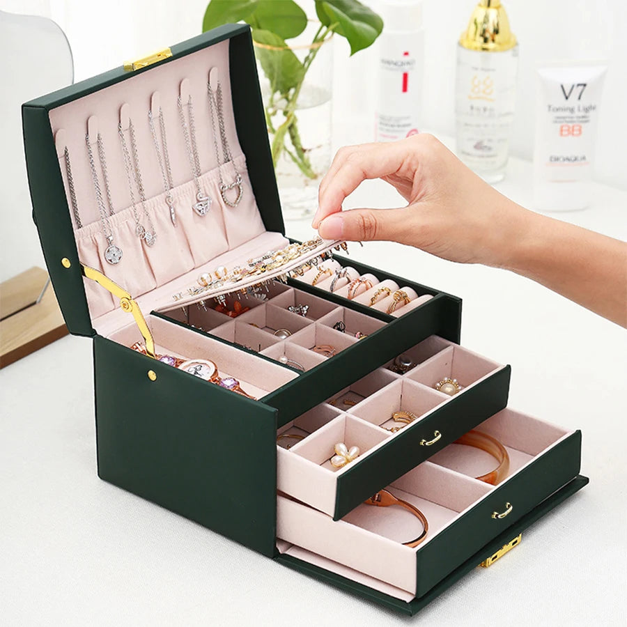 Jewelry Box with Lock Drawers Necklace Hooks and Ring Storage