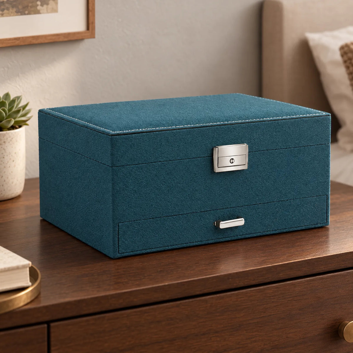 Jewelry Box with Lock Removable Tray Drawer and Necklace Storage