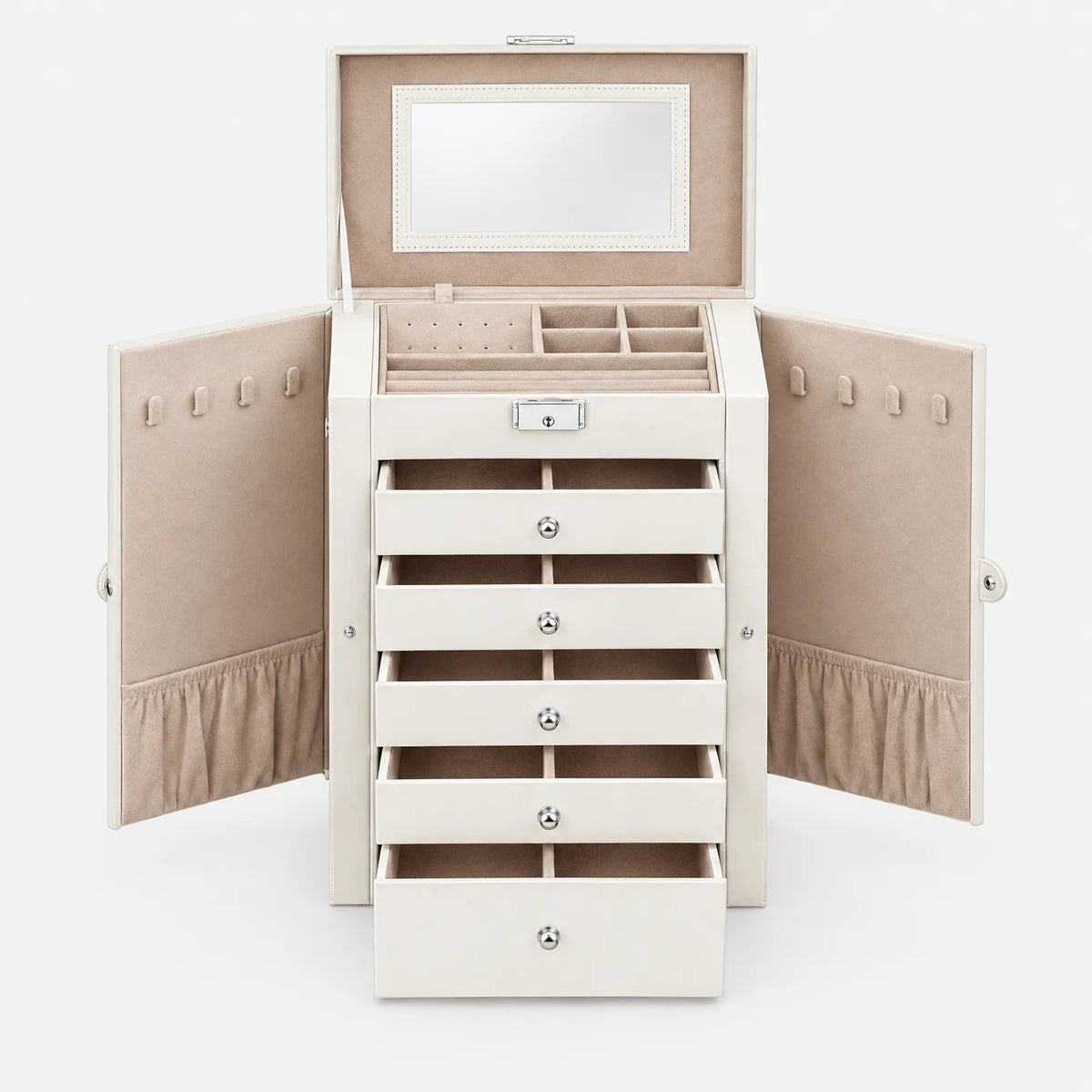 Jewelry Box with Six Tier Storage Drawers Mirror and Side Doors