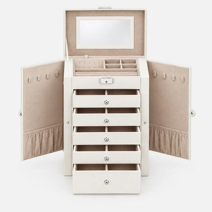 Jewelry Box with Six Tier Storage Drawers Mirror and Side Doors