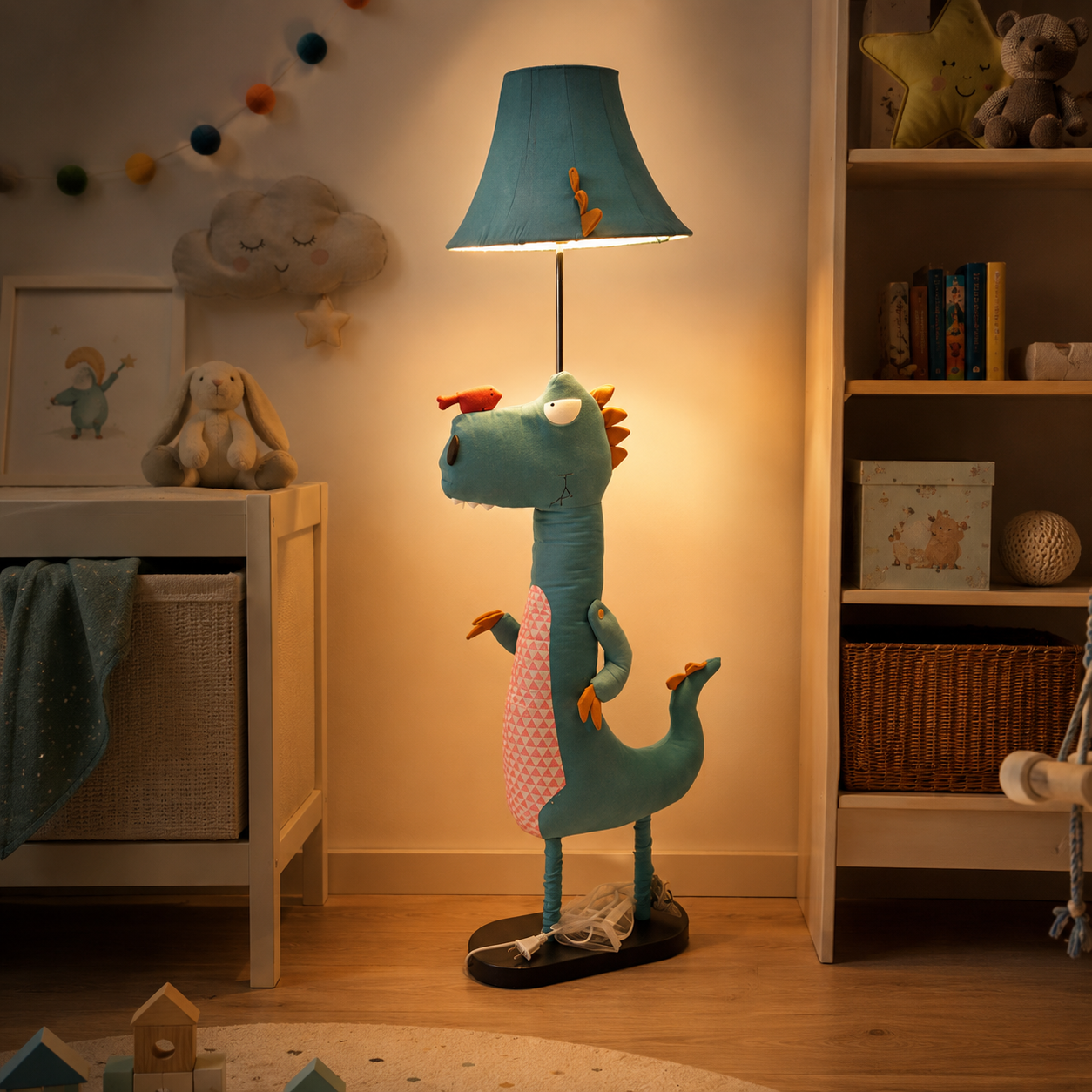 Kids Dinosaur Floor Lamp Blue Fabric Shade Standing Light | Kelvori