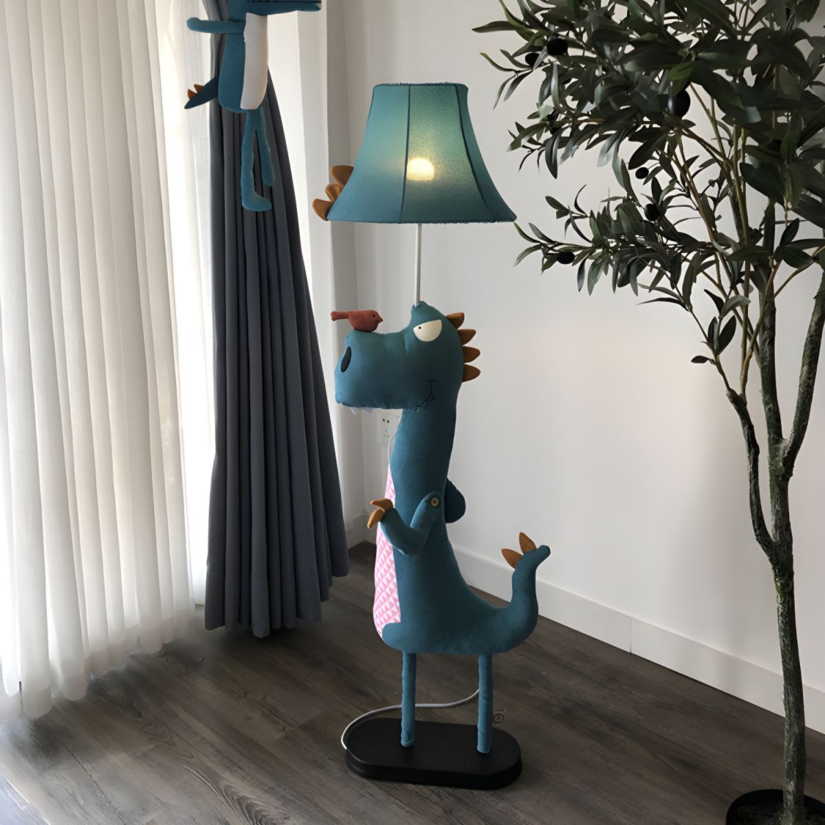 Kids Dinosaur Floor Lamp Blue Fabric Shade Standing Light | Kelvori
