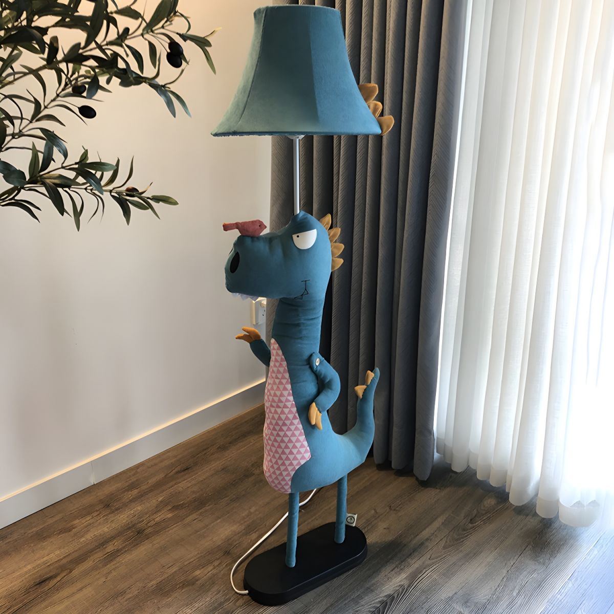 Kids Dinosaur Floor Lamp Blue Fabric Shade Standing Light | Kelvori