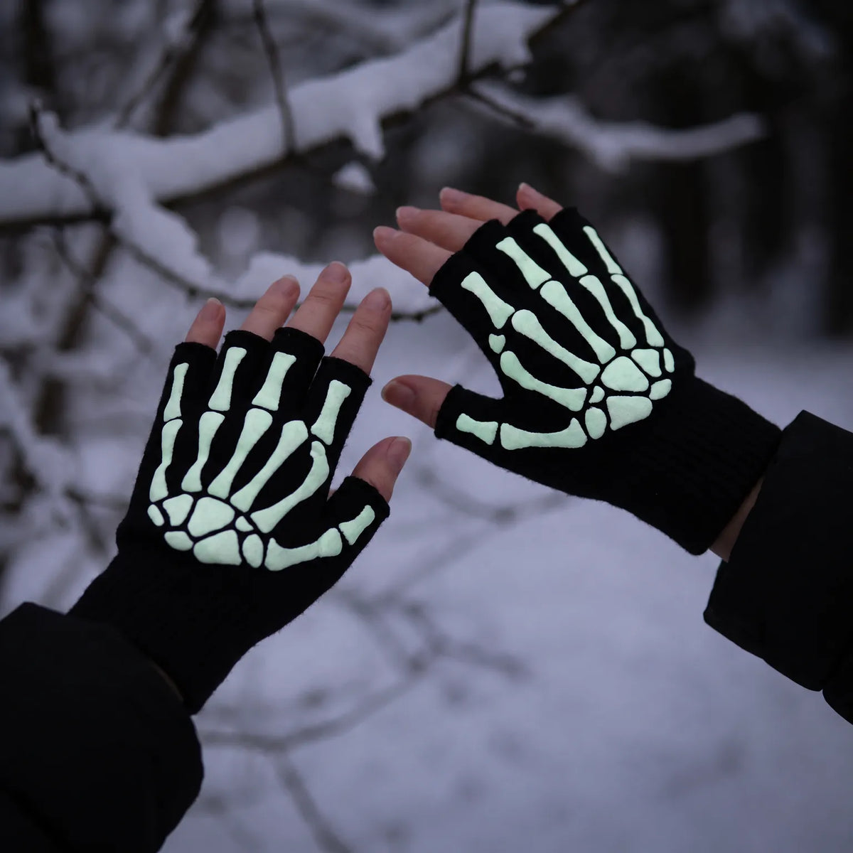 Knit Fingerless Skeleton Print Gloves