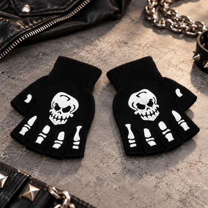 Knit Fingerless Skeleton Print Gloves