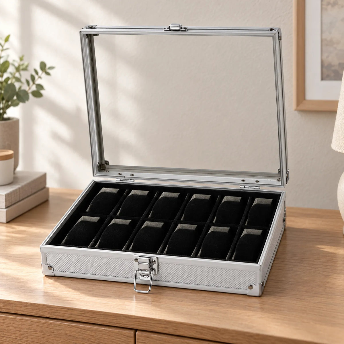 Metal Watch Box with Clear Lid and Individual Compartments