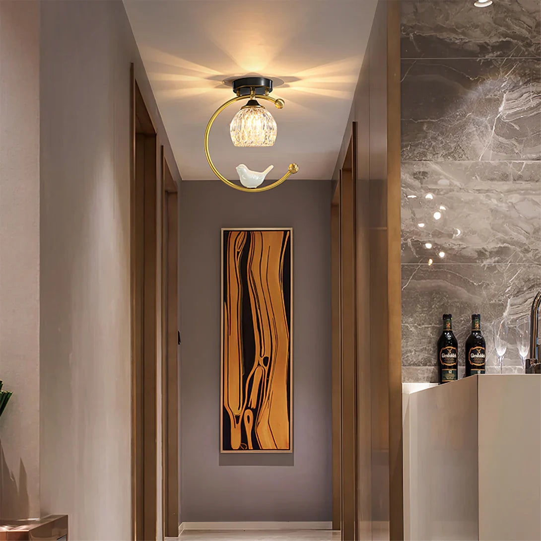 Modern Brass Ceiling Light with Ceramic Bird Accent | Narvyn