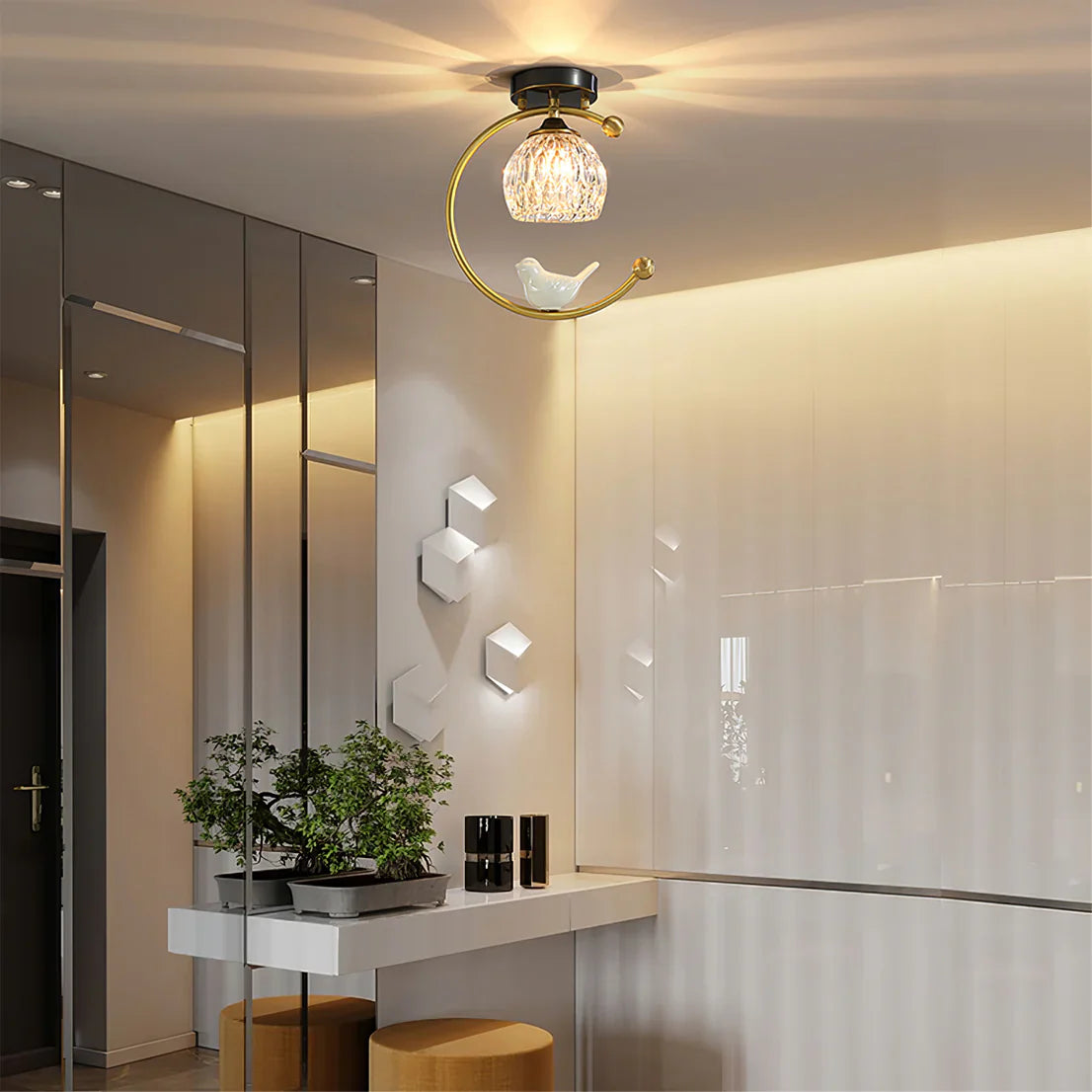 Modern Brass Ceiling Light with Ceramic Bird Accent | Narvyn
