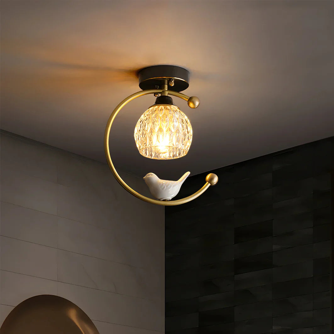 Modern Brass Ceiling Light with Ceramic Bird Accent | Narvyn