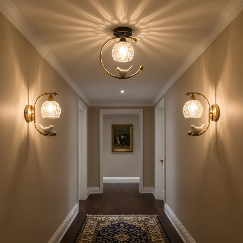 Modern Brass Ceiling Light with Ceramic Bird Accent | Narvyn