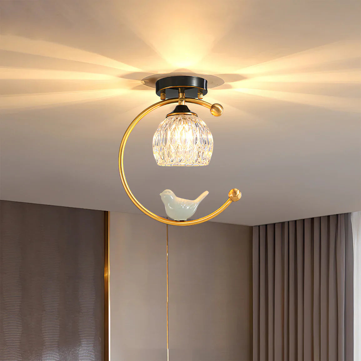 Modern Brass Ceiling Light with Ceramic Bird Accent | Narvyn