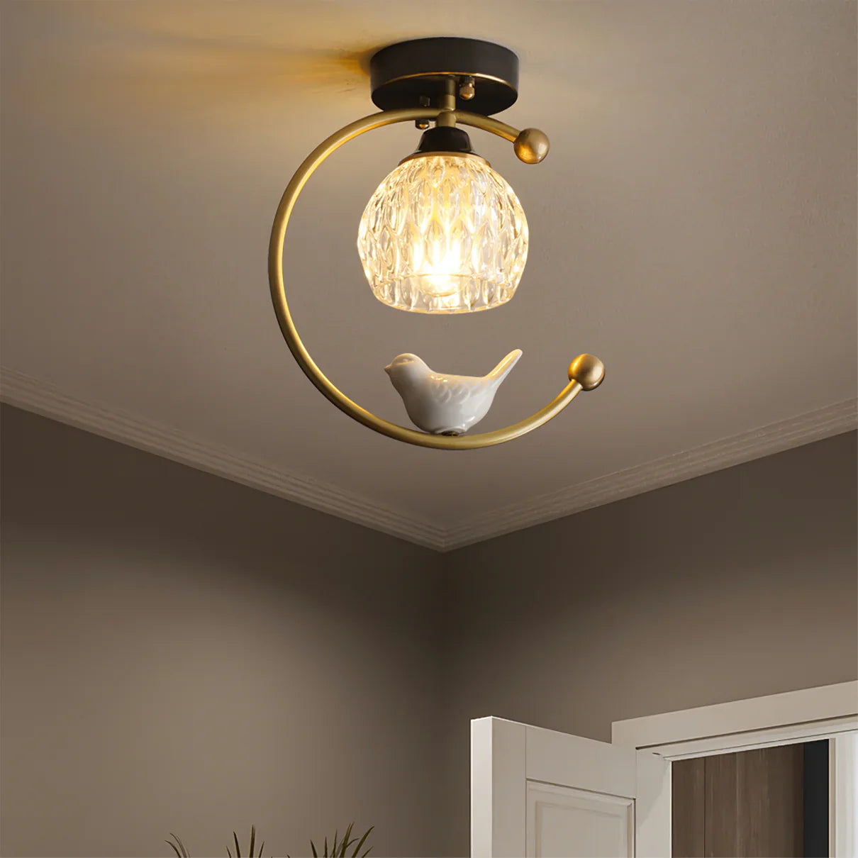 Modern Brass Ceiling Light with Ceramic Bird Accent | Narvyn