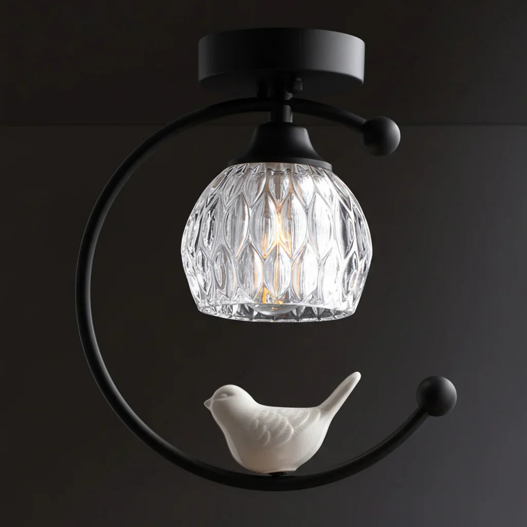 Modern Brass Ceiling Light with Ceramic Bird Accent | Narvyn