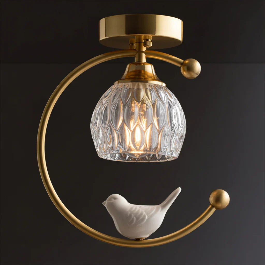 Modern Brass Ceiling Light with Ceramic Bird Accent | Narvyn