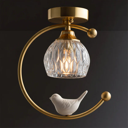 Modern Brass Ceiling Light with Ceramic Bird Accent | Narvyn