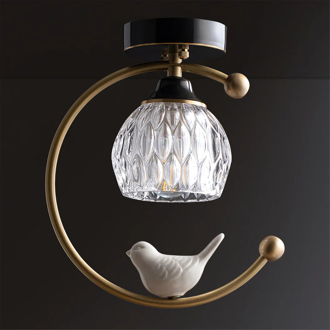 Modern Brass Ceiling Light with Ceramic Bird Accent | Narvyn