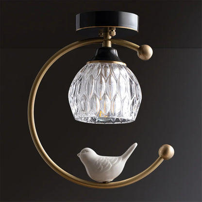 Modern Brass Ceiling Light with Ceramic Bird Accent | Narvyn