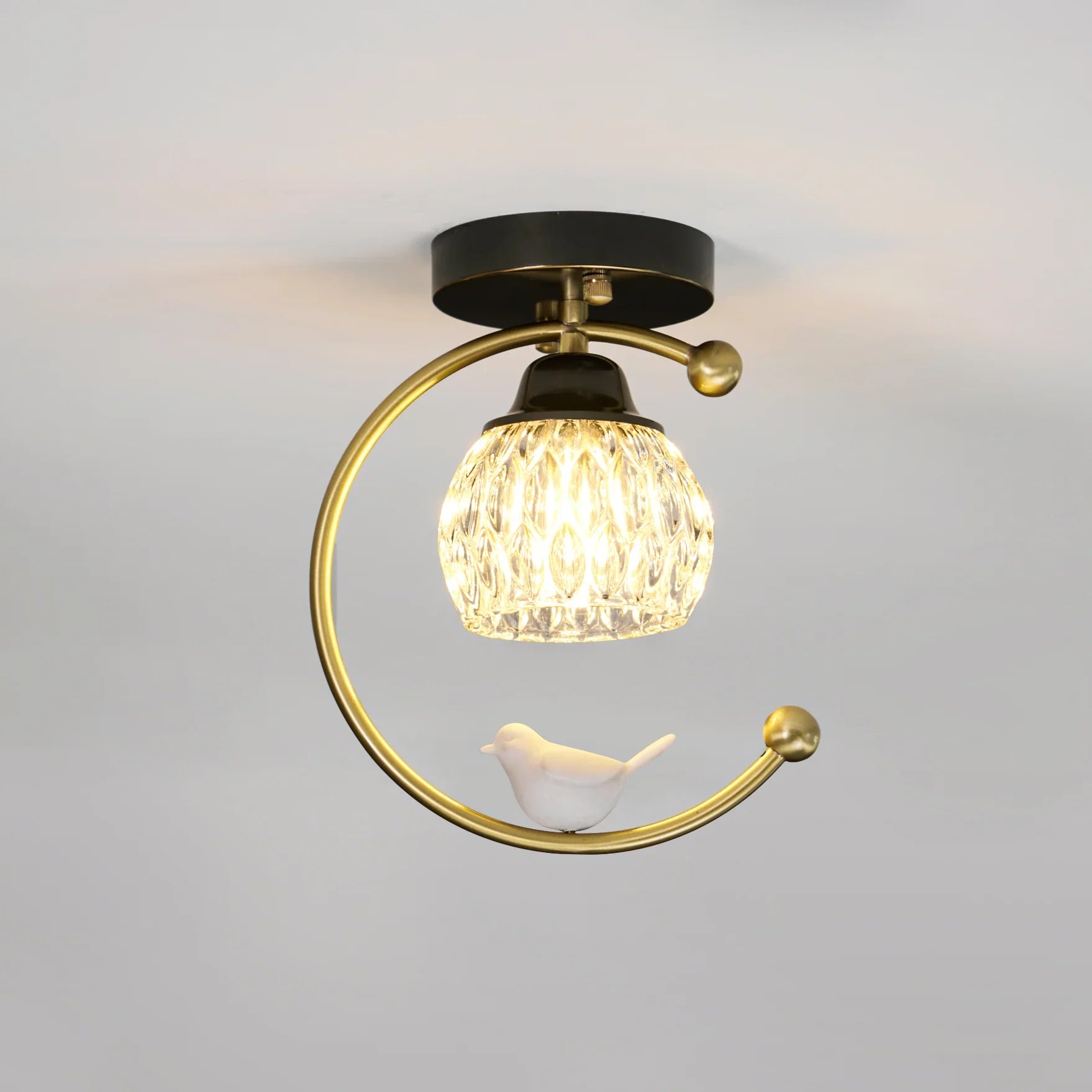 Modern Brass Ceiling Light with Ceramic Bird Accent | Narvyn