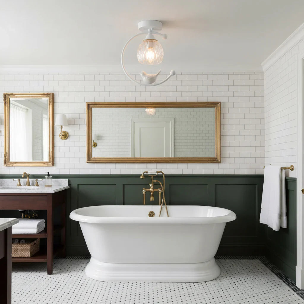 Modern Brass Ceiling Light with Ceramic Bird Accent | Narvyn