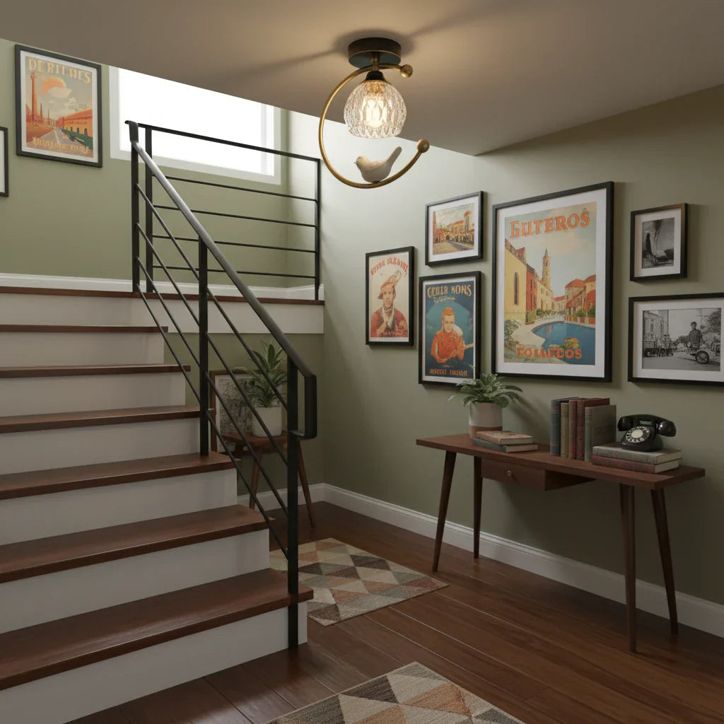 Modern Brass Ceiling Light with Ceramic Bird Accent | Narvyn
