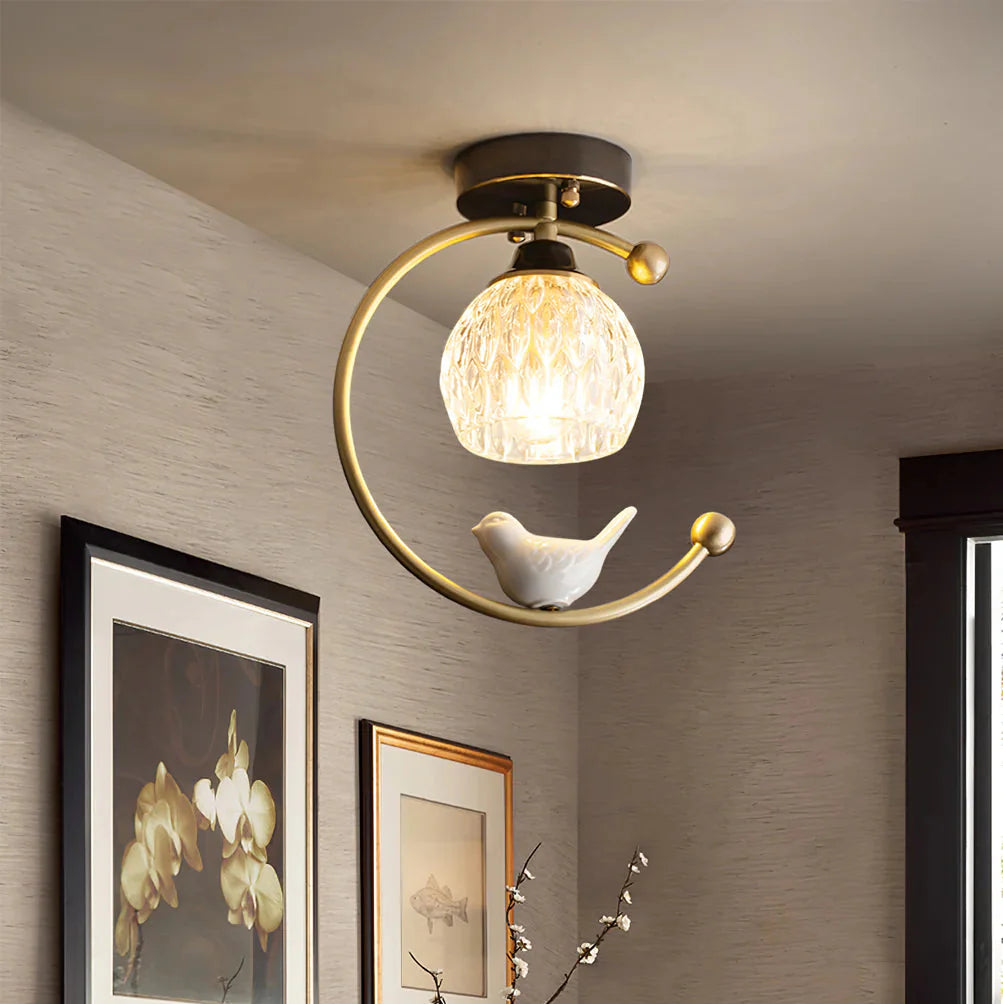 Modern Brass Ceiling Light with Ceramic Bird Accent | Narvyn